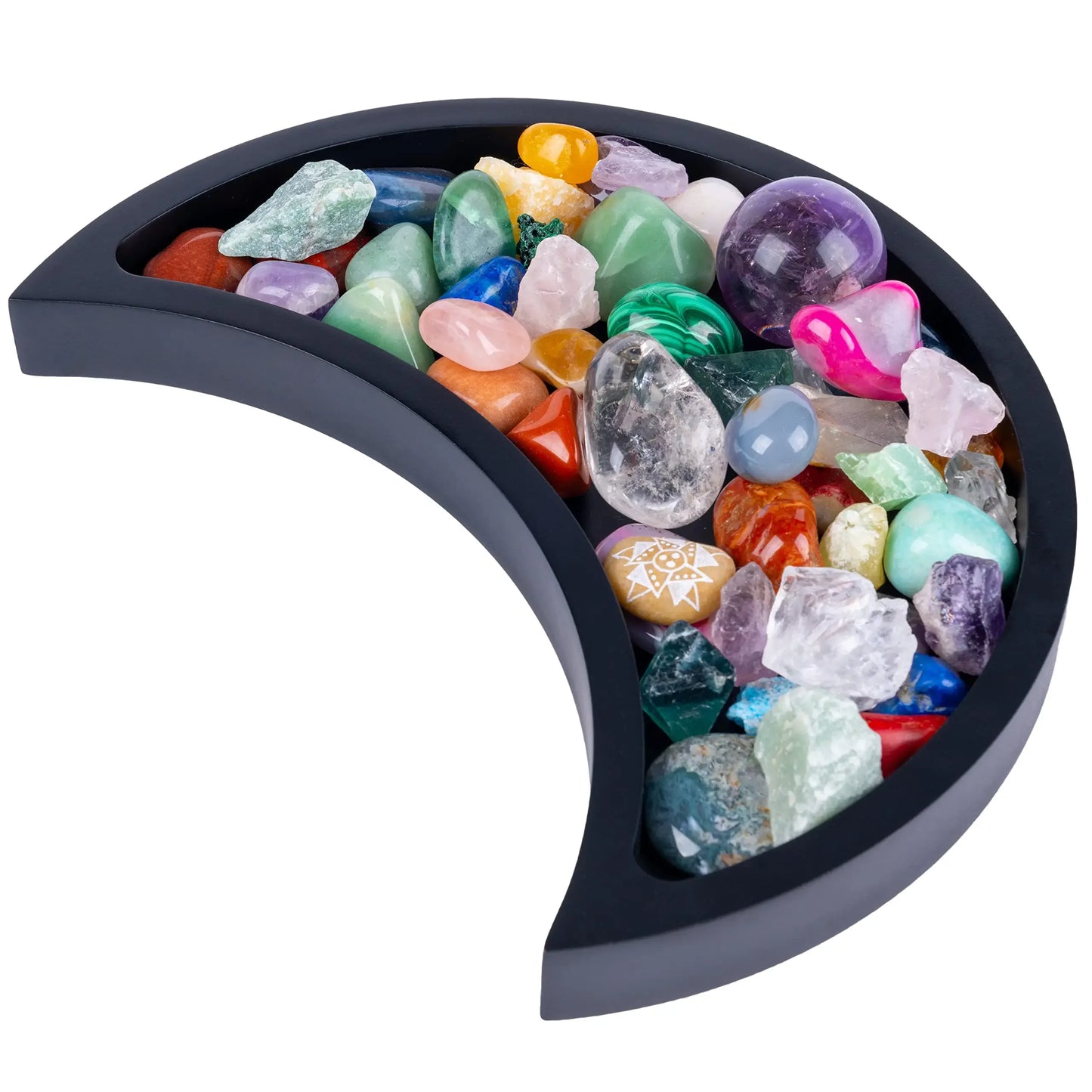 Curawood Crescent Moon Crystal Tray – 6" Black Wooden Display & Organizer - CRYSTALOIL