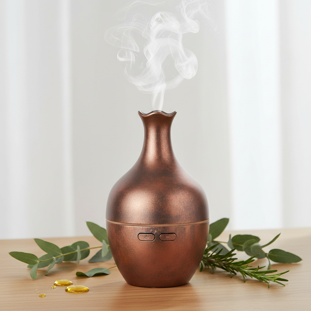 Crystal Lux – Elegant vase shaped aromatherapy humidifier with copper finish and ultrasonic mist
