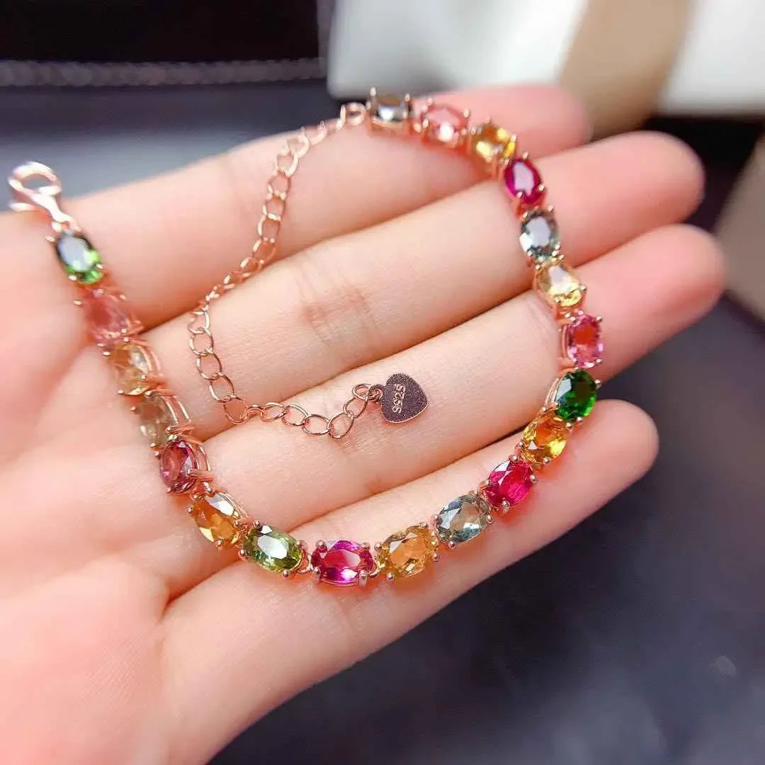 Multi Color Tourmaline Bracelet - Elegant Sterling Silver Jewelry with Radiant Stones - CRYSTALOIL