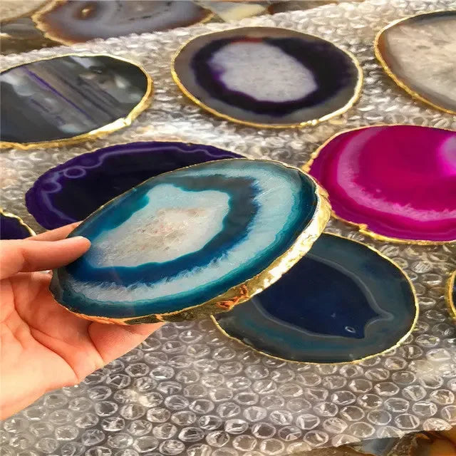 2 pieces Blue Purple black Primitive Agate Big Crystal Wafer Coasters, - CRYSTALOIL