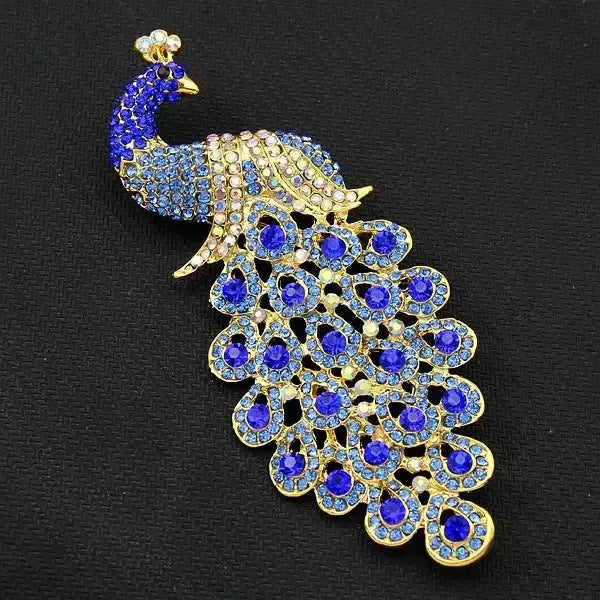 Extra Large Sapphire Crystal Rhinestone Peacock Brooch - CRYSTALOIL