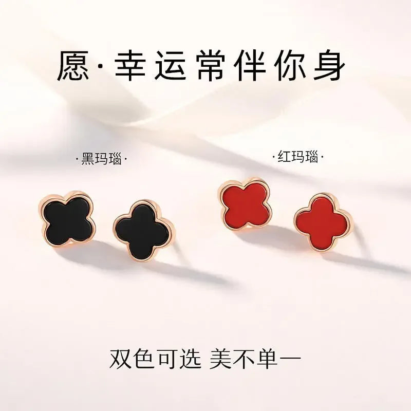 S925 Silver agate stone four-leaf clover earrings female light luxury flower temperament earrings niche sterling silver high-grade sense earrings tide - CRYSTALOIL