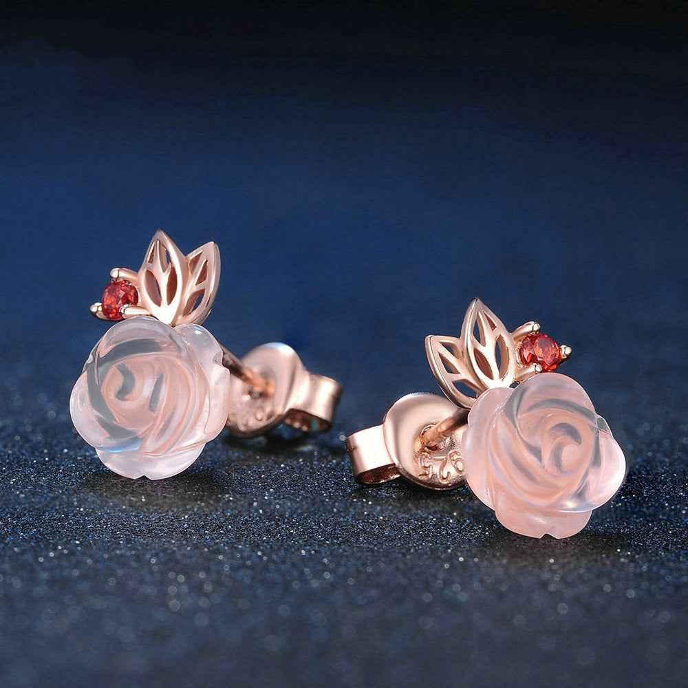 S925 Sterling Silver Rose flower Pink Crystal Stud Earrings - CRYSTALOIL