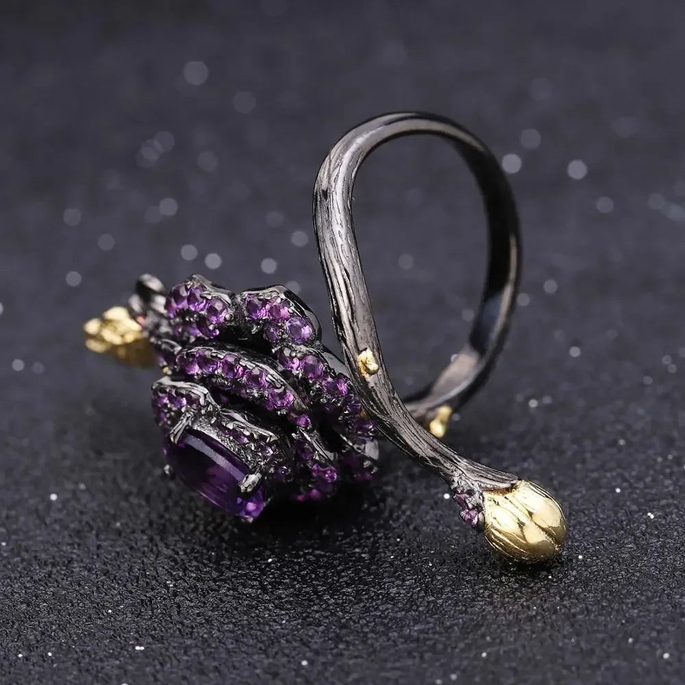 Handmade Silver Amethyst Rose Garland Adjustable Ring - CRYSTALOIL
