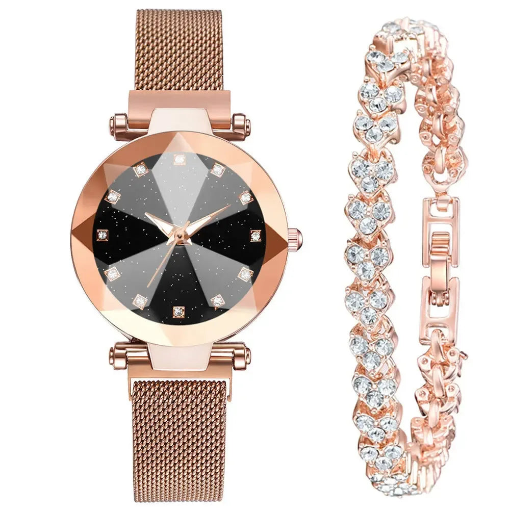 Watch Square Diamond Rhinestone Starry Sky Face Ladies Casual Fashion Watch Set Bracelet Watch - CRYSTALOIL