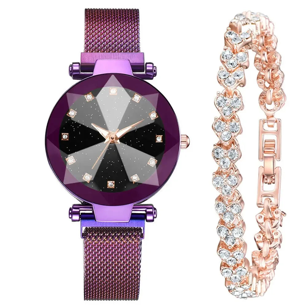Watch Square Diamond Rhinestone Starry Sky Face Ladies Casual Fashion Watch Set Bracelet Watch - CRYSTALOIL