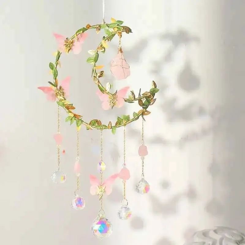 Sun Catcher Winding Leaf Flower Butterfly Leaves Moon Natural Crystal Pendant - CRYSTALOIL