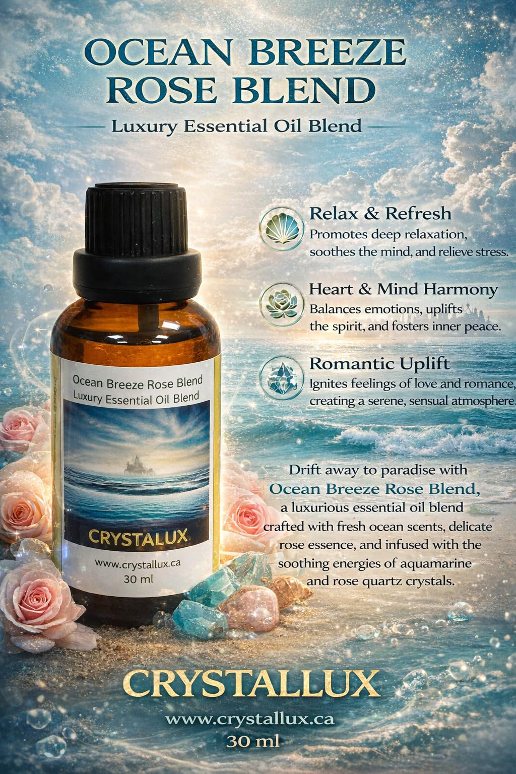 Box of 4 bottles Ocean breeze invigorating blend Rose Sandalwood Essential Oil Blend