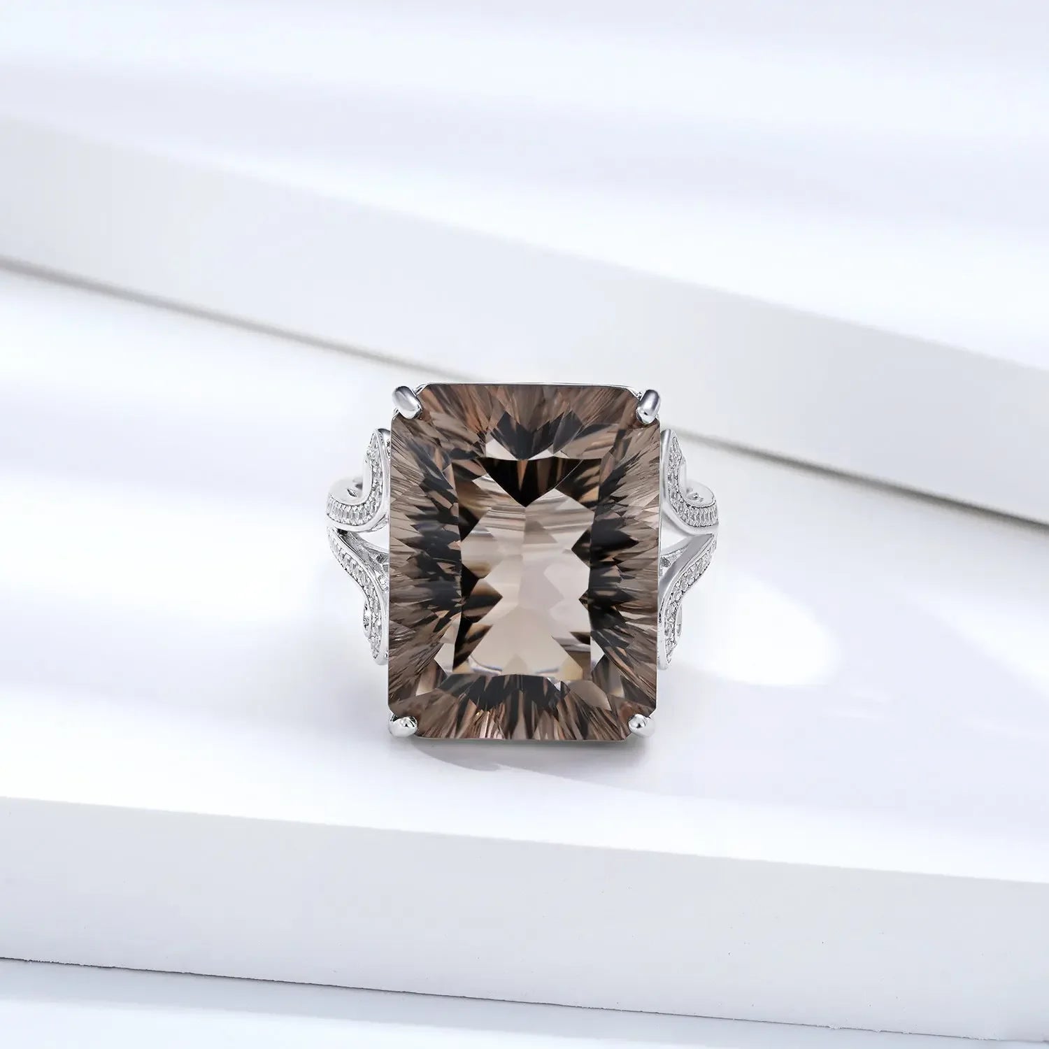 Natural Tea Crystal Ring 925 Silver Set Geometric Square Smoky Crystal Ring - CRYSTALOIL