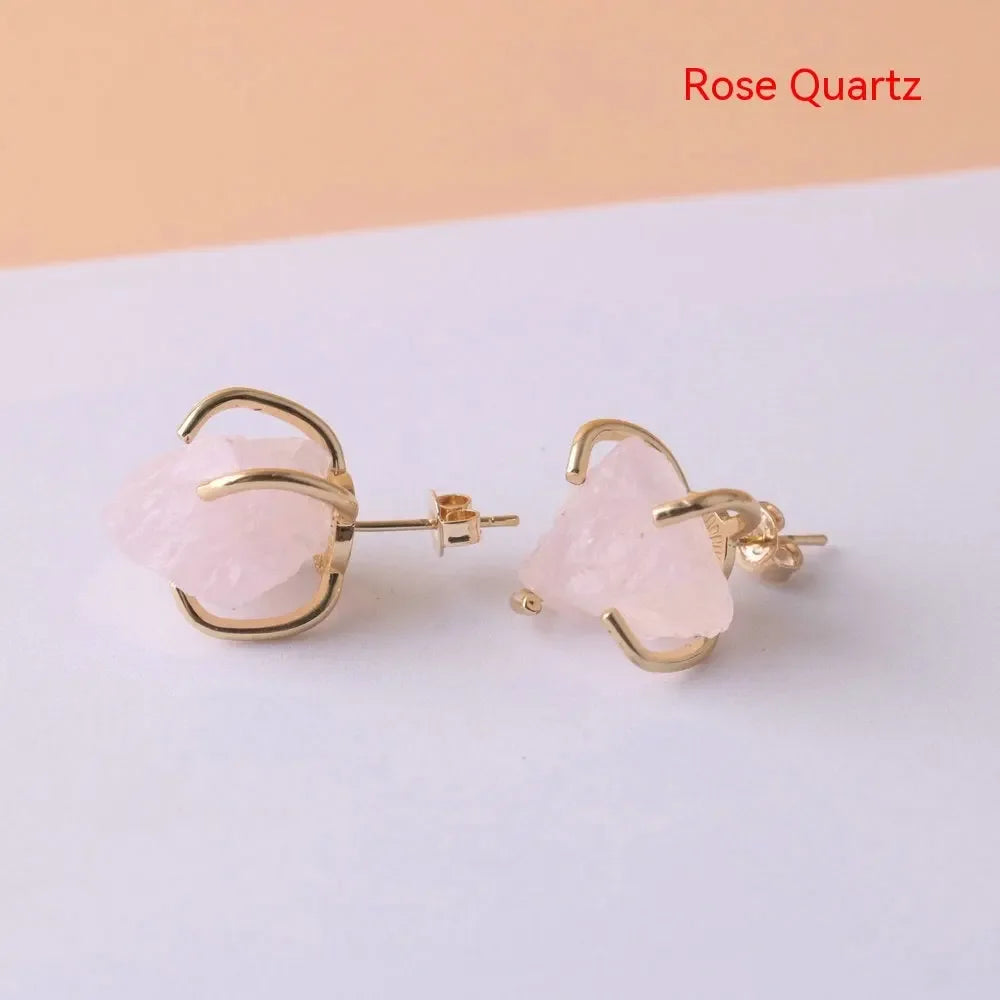 Gold-plated Four-claw Stone Rough Stone Stud Earrings For Women - CRYSTALOIL