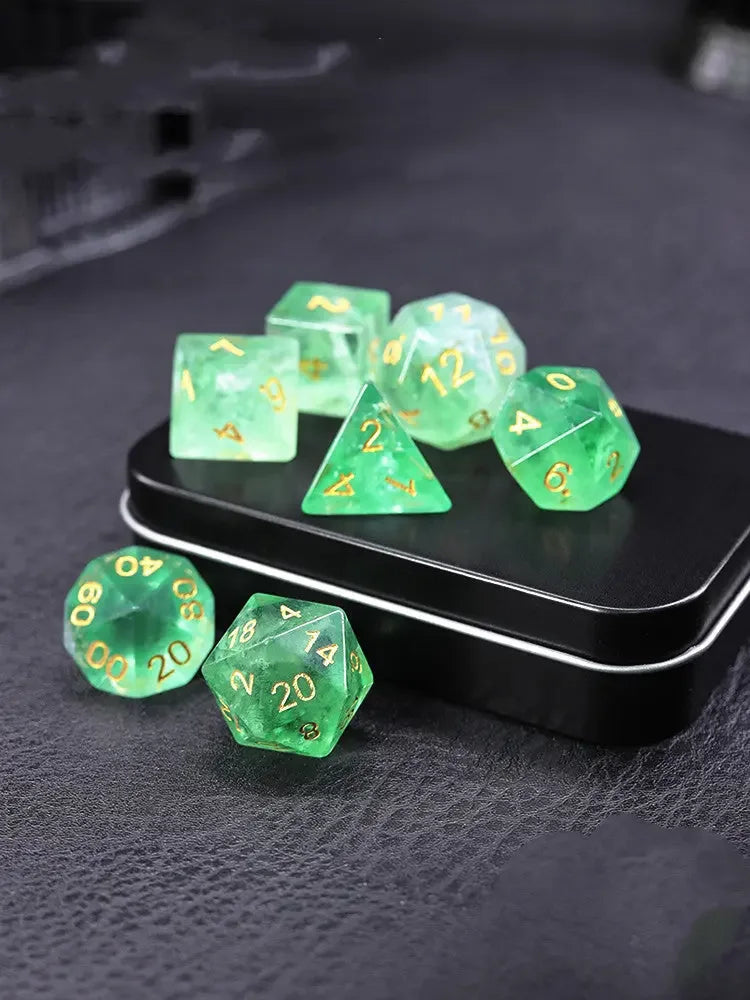 7 PIECE SET Natural Green Fluorite Dice - CRYSTALOIL