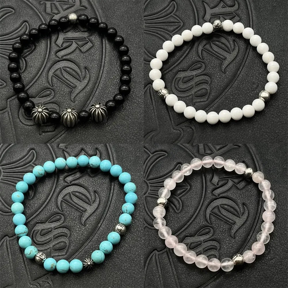 Obsidian Turquoise 6mm bracelet Thai silver vintage men's and women's personality classic beaded - CRYSTALOIL