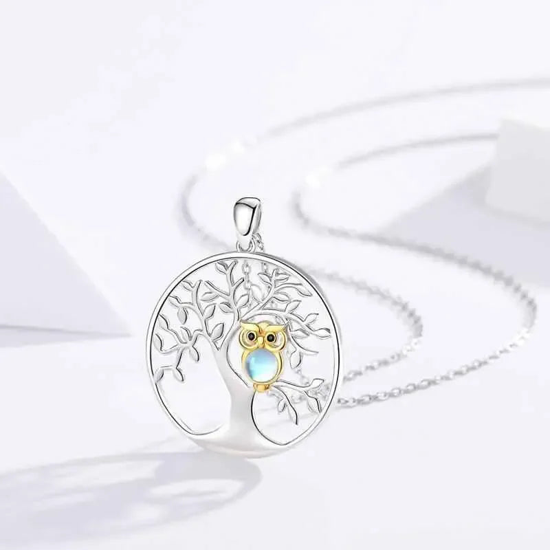 Tree of Life with Moonstone Owl Pendant Necklace in 925 Sterling Silver - CRYSTALOIL