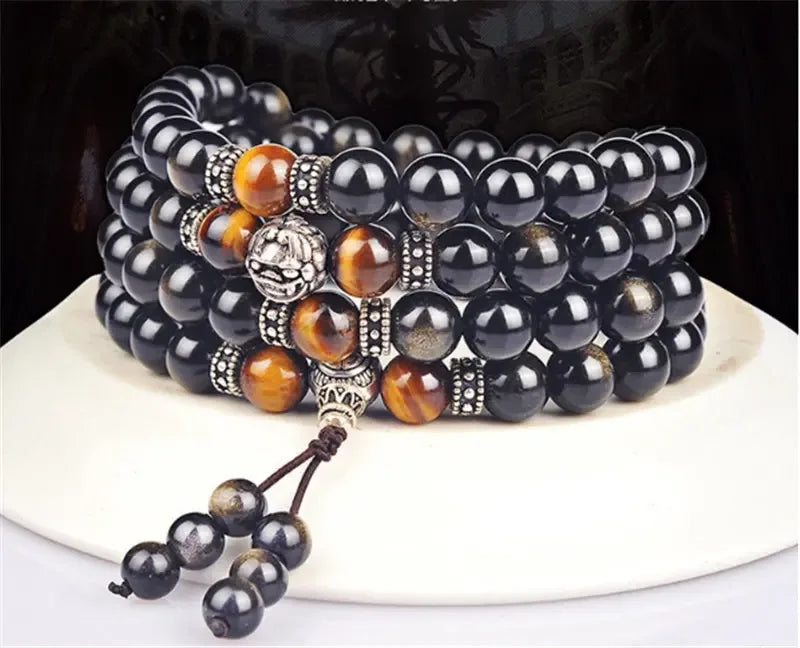Natural Gold Obsidian Bracelet 108 Buddha Beads With Tibetan Silver Round Beads, Natural Gold Obsidian Bracelet. - CRYSTALOIL