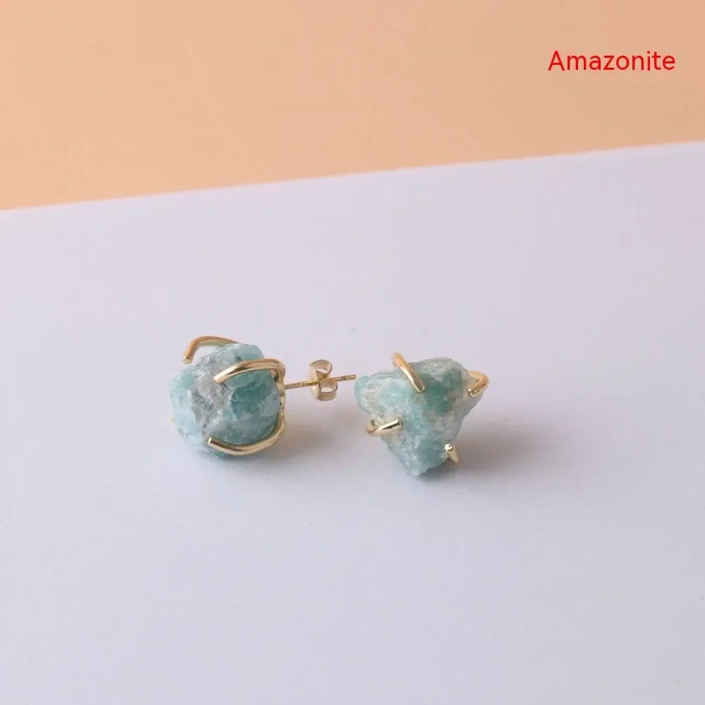 Gold-plated Four-claw Stone Rough Stone Stud Earrings For Women - CRYSTALOIL