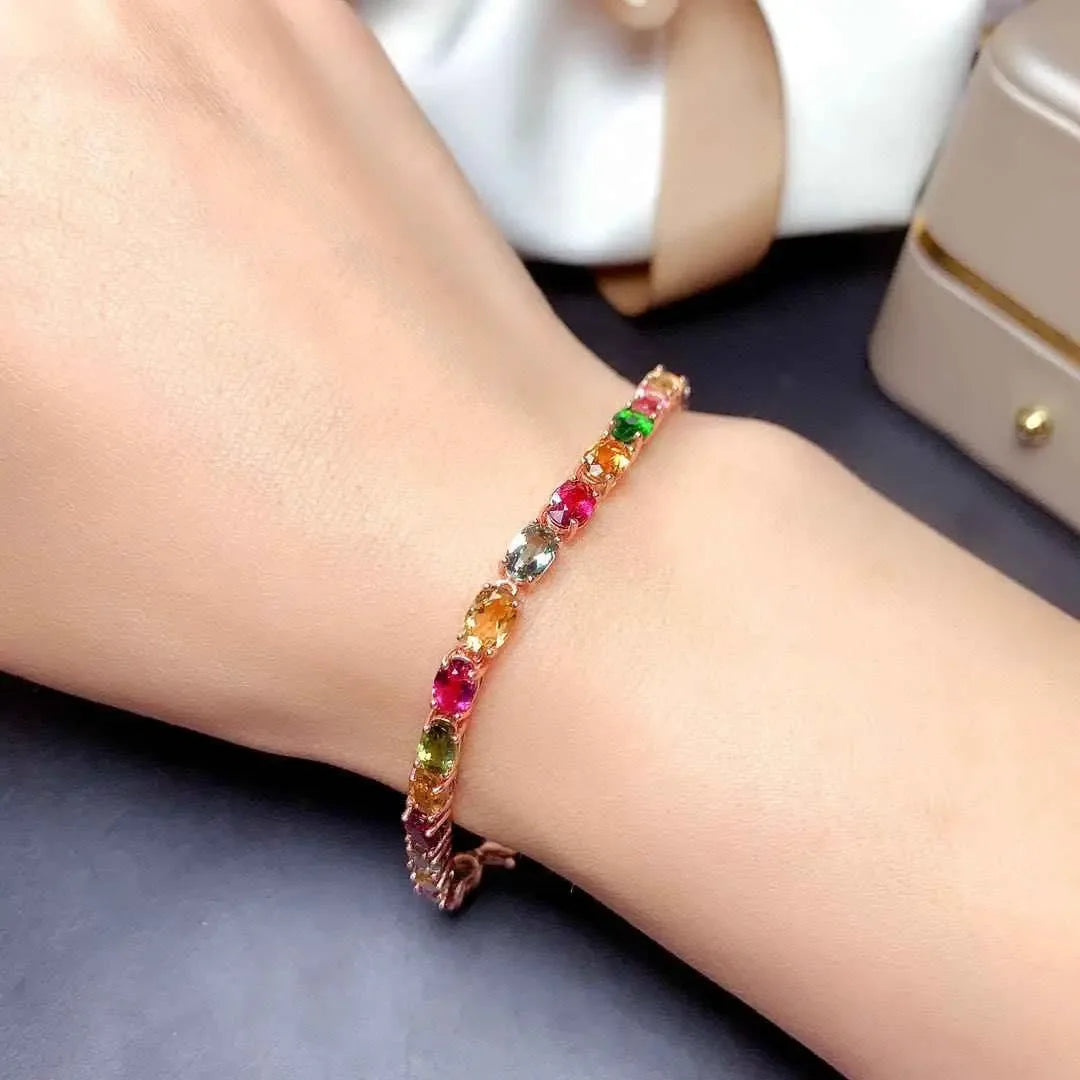 Multi Color Tourmaline Bracelet - Elegant Sterling Silver Jewelry with Radiant Stones - CRYSTALOIL