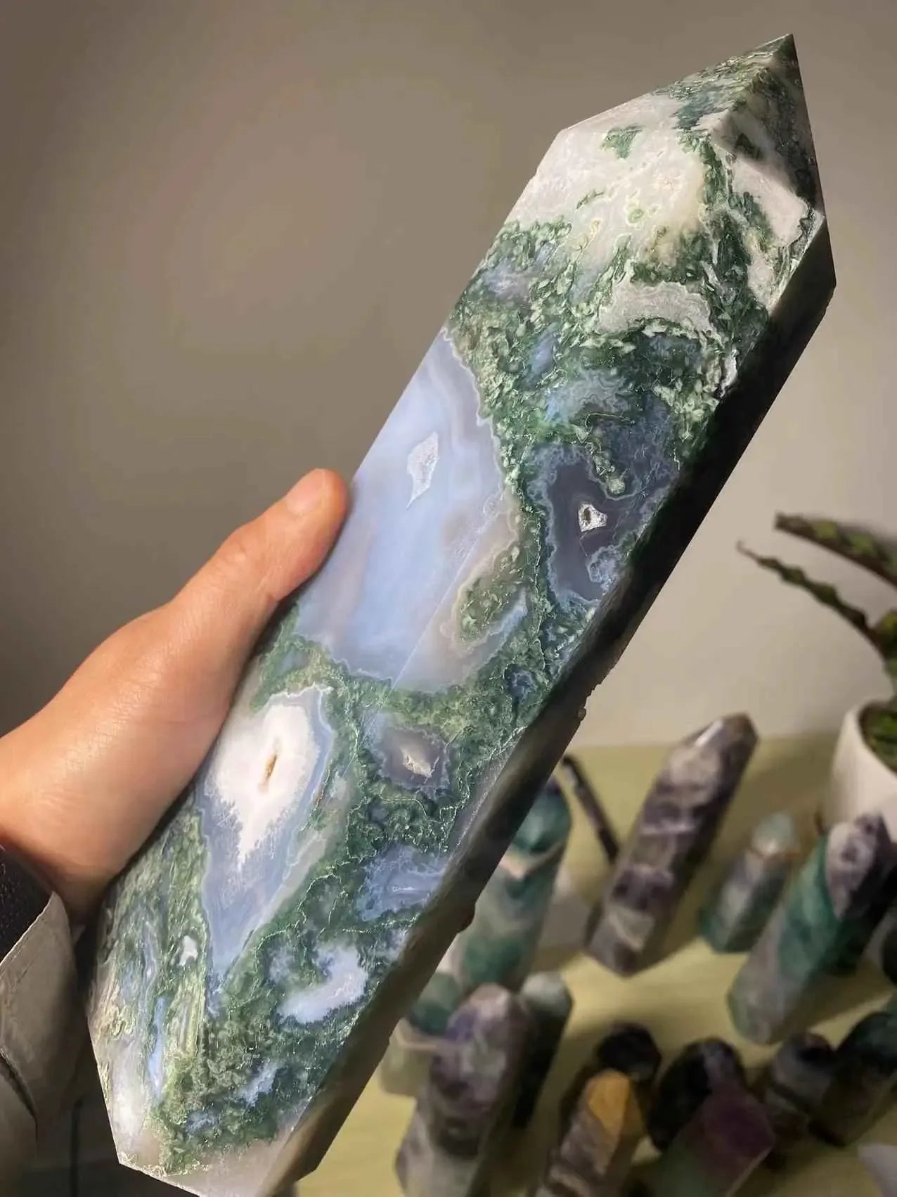 Natural Large Moss Agate Crystal Tower Ornament, a stunning addition to any space. Crafted from genuine moss agate, this piece of stexudes elegance and tranquility, - CRYSTALOIL