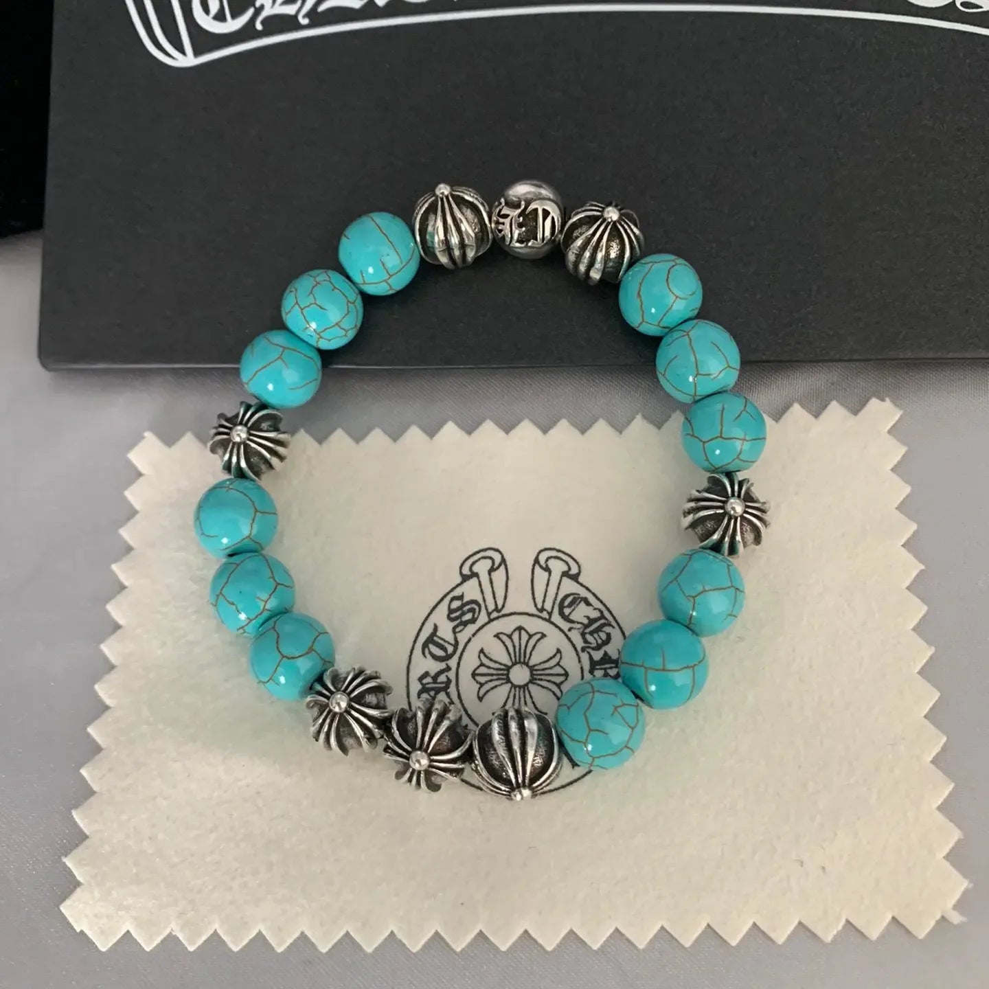 White copper obsidian turquoise 8mm white jade cat's eye classic beaded cross - CRYSTALOIL