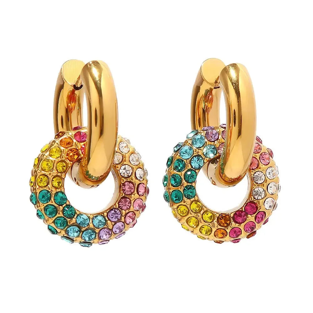 18K gold exquisite and noble donut-shaped earrings inlaid with diamonds, light luxury style - CRYSTALOIL