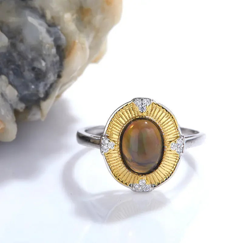 Women's Fashion Sterling Silver Inlaid Natural Opal Ring - CRYSTALOIL