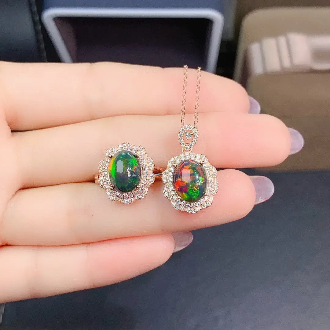 Natural Colorful Black Opal Set Ring Pendant Crystal with Colorful undertones - CRYSTALOIL