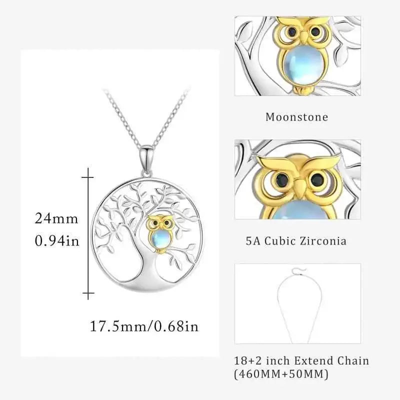 Tree of Life with Moonstone Owl Pendant Necklace in 925 Sterling Silver - CRYSTALOIL
