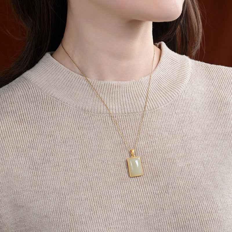 Sterling Silver Gold-plated Hetian Jade Sapphire Pendant, this pendant exudes luxury and sophistication - CRYSTALOIL