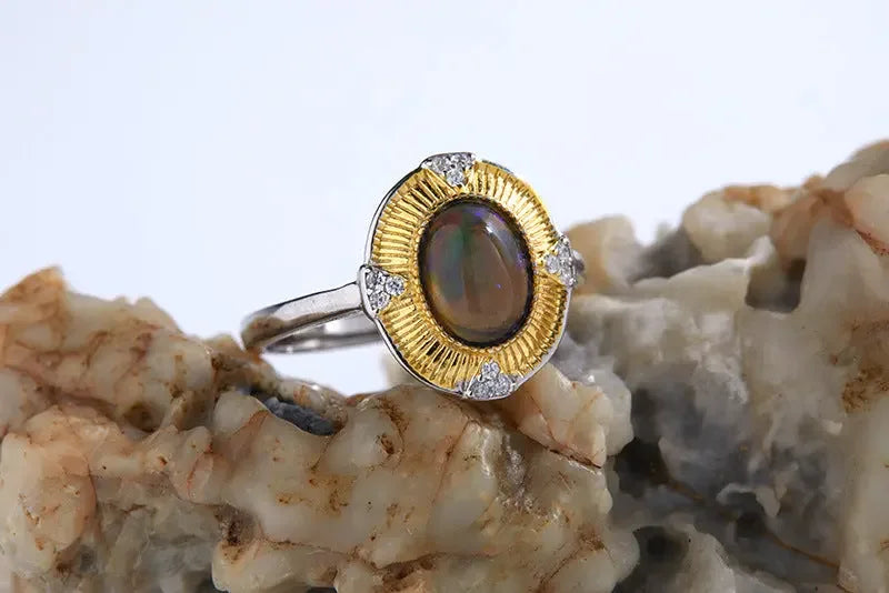 Women's Fashion Sterling Silver Inlaid Natural Opal Ring - CRYSTALOIL