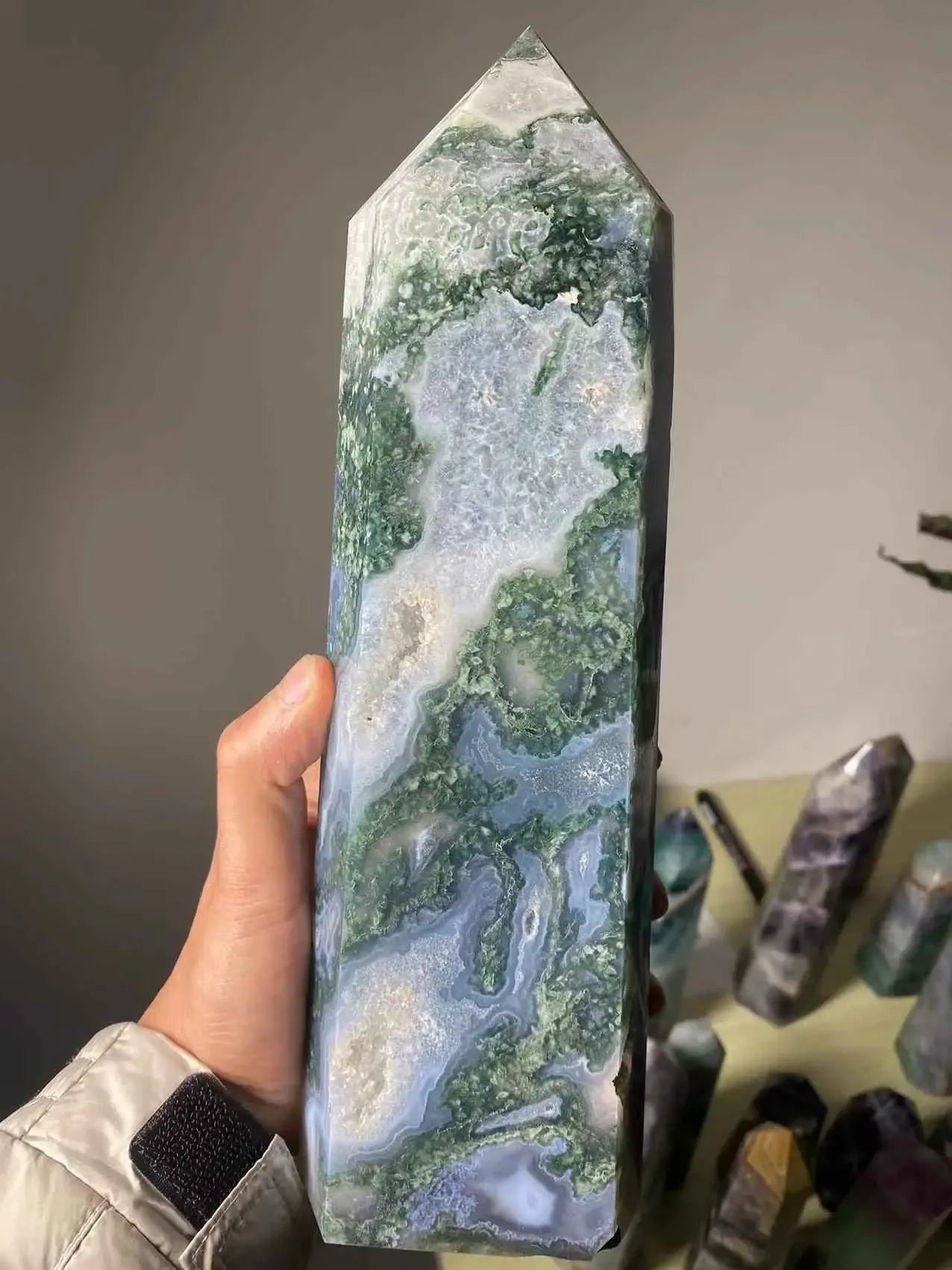 Natural Large Moss Agate Crystal Tower Ornament, a stunning addition to any space. Crafted from genuine moss agate, this piece of stexudes elegance and tranquility, - CRYSTALOIL