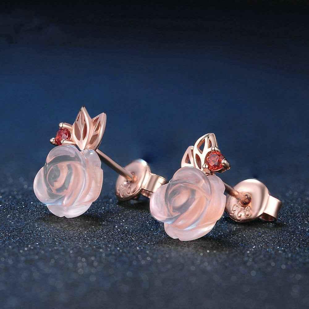S925 Sterling Silver Rose flower Pink Crystal Stud Earrings - CRYSTALOIL