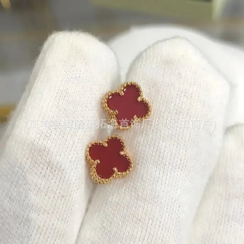 Four-leaf stud earrings plated 18K gold natural carnelian CNC precision fashion Lucky flower earrings - CRYSTALOIL