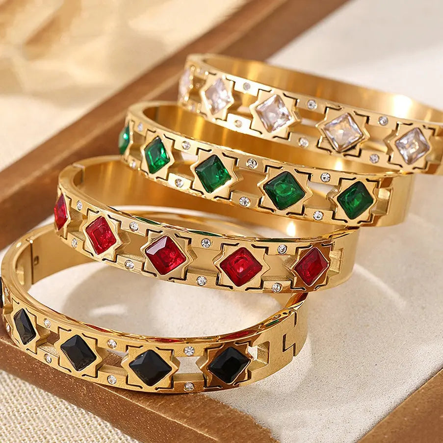 18K gold inlaid square gemstone with hollow design exquisite dazzling bracelet - CRYSTALOIL