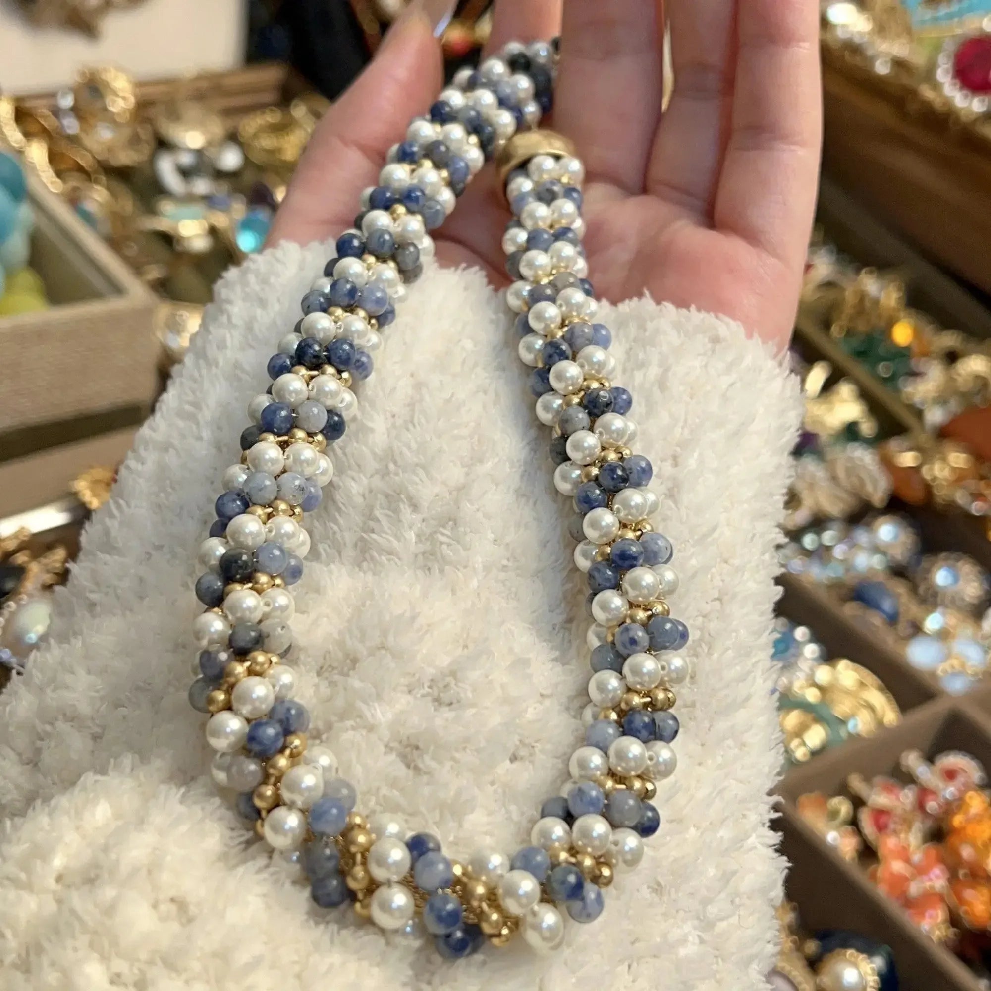 Natural Stone Necklace, beautifully beaded with pearl Medieval style - CRYSTALOIL