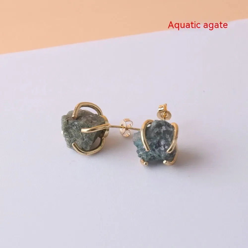 Gold-plated Four-claw Stone Rough Stone Stud Earrings For Women - CRYSTALOIL