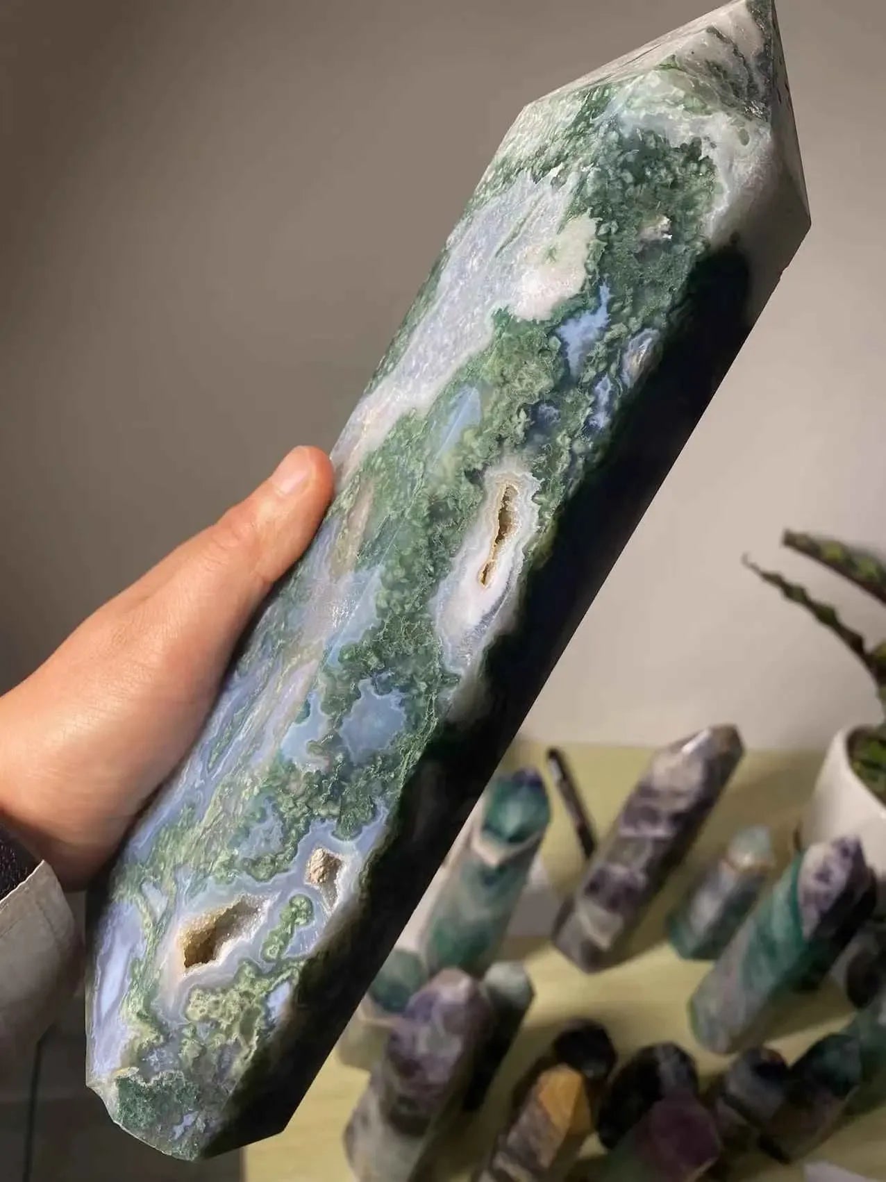 Natural Large Moss Agate Crystal Tower Ornament, a stunning addition to any space. Crafted from genuine moss agate, this piece of stexudes elegance and tranquility, - CRYSTALOIL