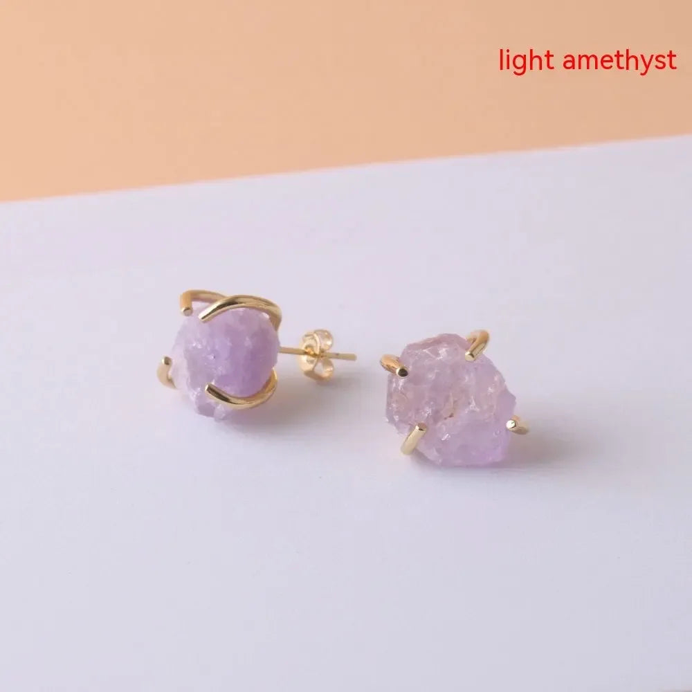 Gold-plated Four-claw Stone Rough Stone Stud Earrings For Women - CRYSTALOIL