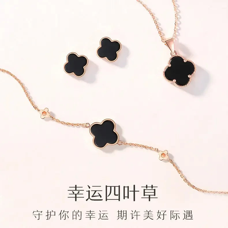 S925 Silver agate stone four-leaf clover earrings female light luxury flower temperament earrings niche sterling silver high-grade sense earrings tide - CRYSTALOIL