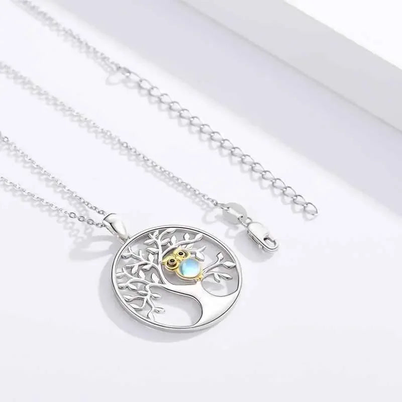 Tree of Life with Moonstone Owl Pendant Necklace in 925 Sterling Silver - CRYSTALOIL