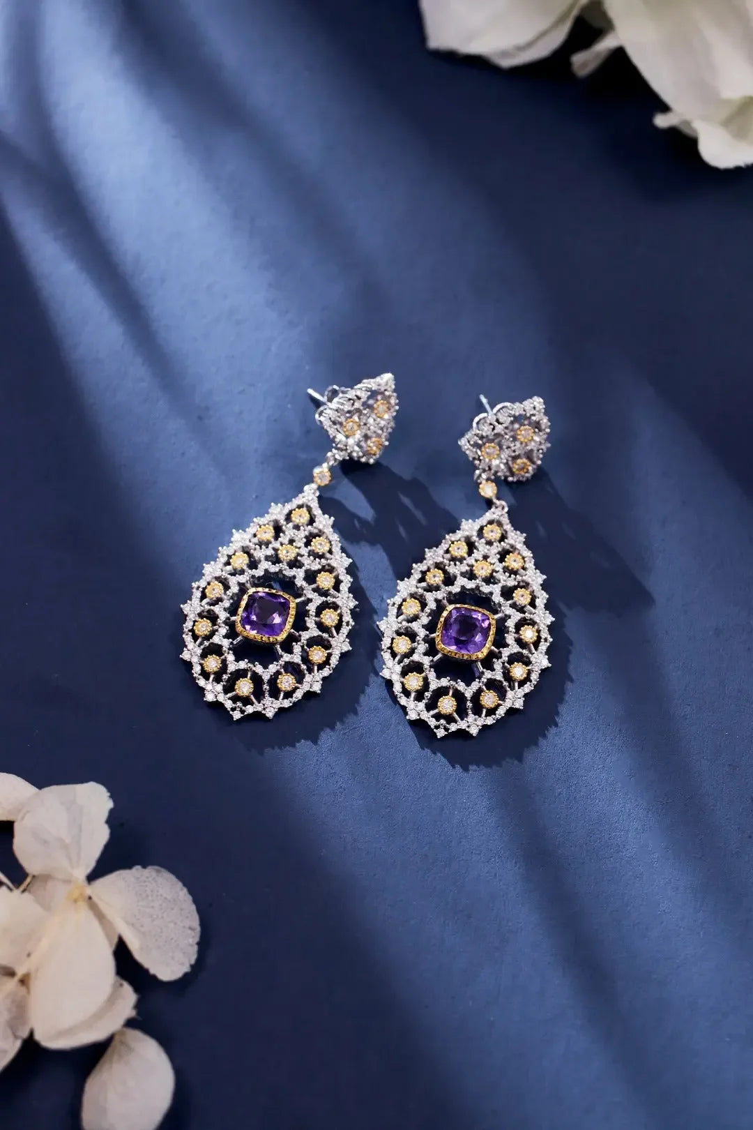 Luxury 925 Silver Plated Natural Amethyst Drop Earrings - CRYSTALOIL