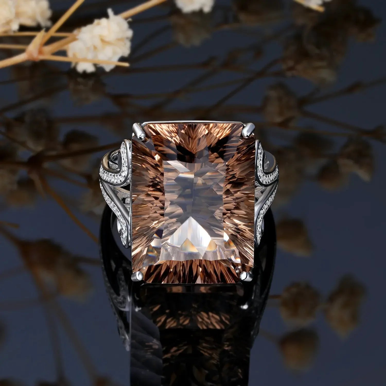 Natural Tea Crystal Ring 925 Silver Set Geometric Square Smoky Crystal Ring - CRYSTALOIL