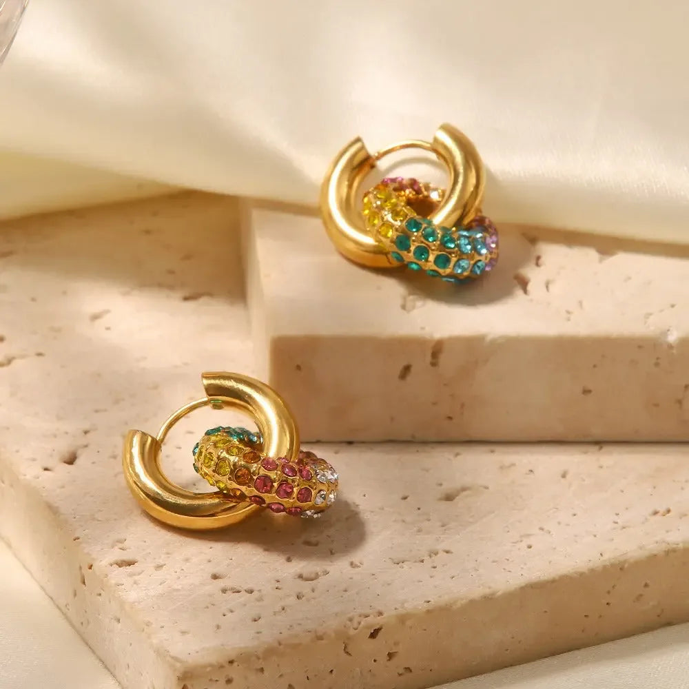 18K gold exquisite and noble donut-shaped earrings inlaid with diamonds, light luxury style - CRYSTALOIL
