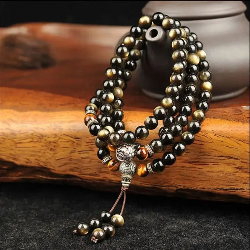Natural Gold Obsidian Bracelet 108 Buddha Beads With Tibetan Silver Round Beads, Natural Gold Obsidian Bracelet. - CRYSTALOIL