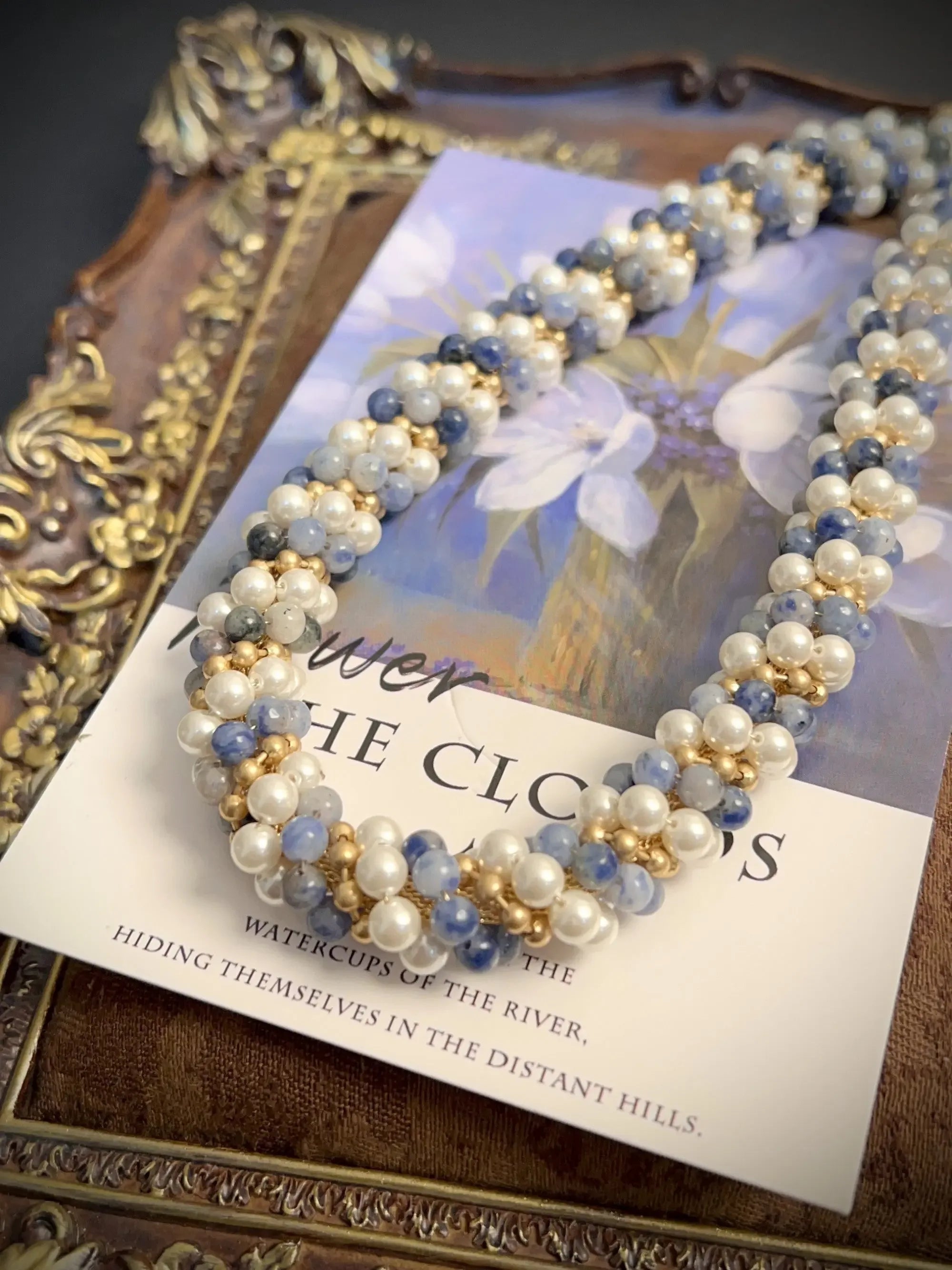 Natural Stone Necklace, beautifully beaded with pearl Medieval style - CRYSTALOIL