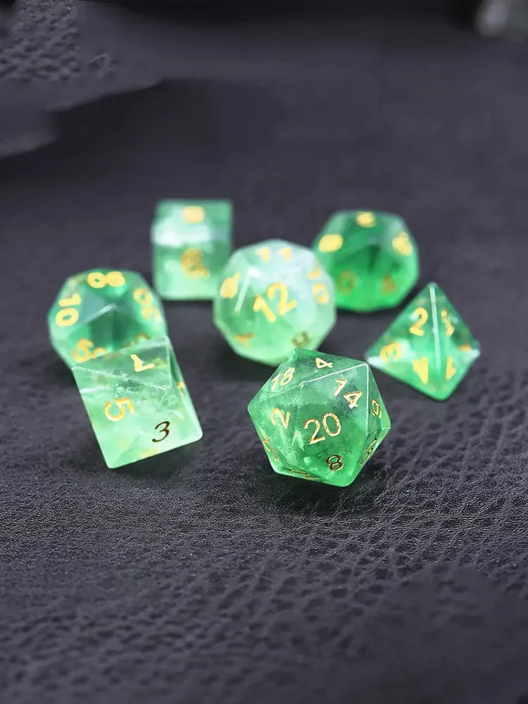 7 PIECE SET Natural Green Fluorite Dice - CRYSTALOIL