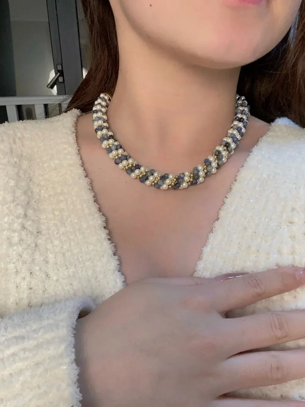 Natural Stone Necklace, beautifully beaded with pearl Medieval style - CRYSTALOIL