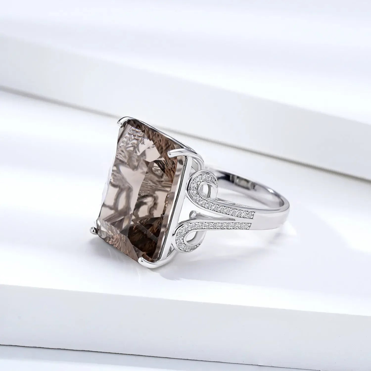 Natural Tea Crystal Ring 925 Silver Set Geometric Square Smoky Crystal Ring - CRYSTALOIL