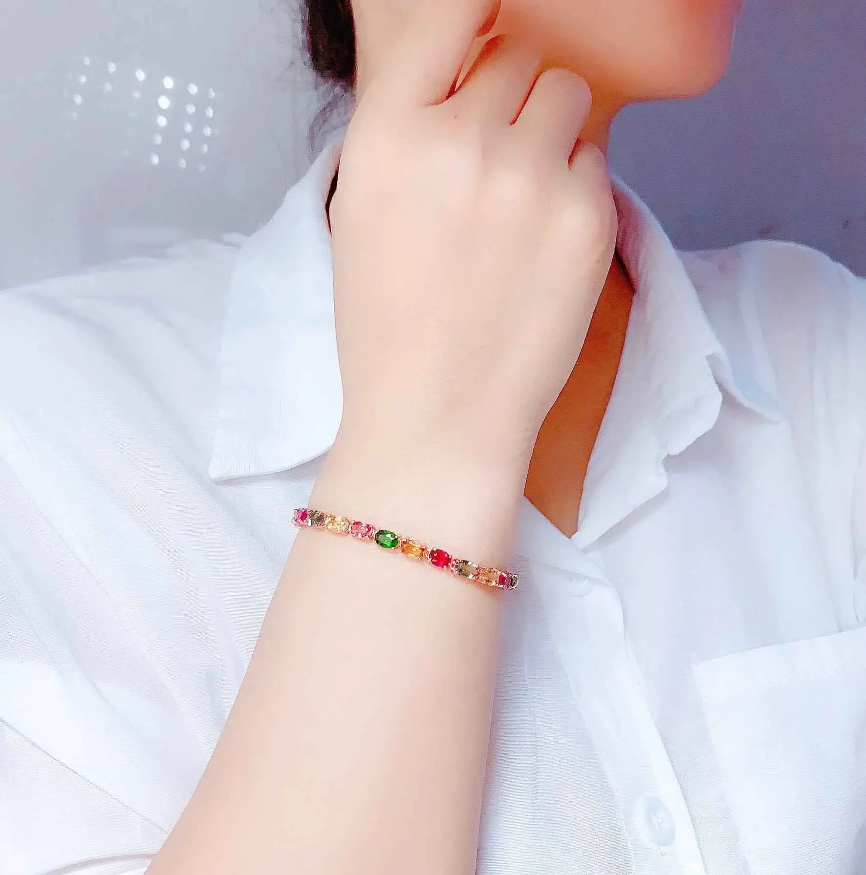 Multi Color Tourmaline Bracelet - Elegant Sterling Silver Jewelry with Radiant Stones - CRYSTALOIL
