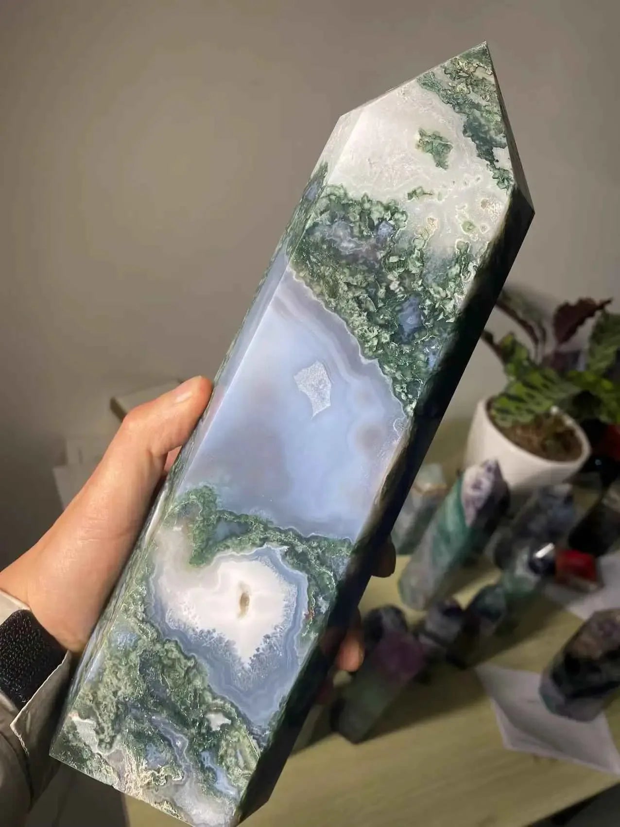 Natural Large Moss Agate Crystal Tower Ornament, a stunning addition to any space. Crafted from genuine moss agate, this piece of stexudes elegance and tranquility, - CRYSTALOIL