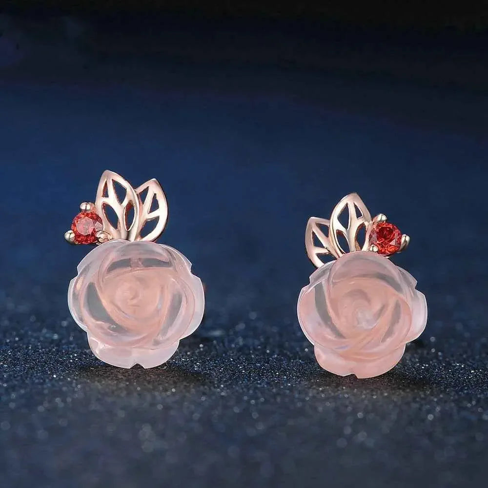 S925 Sterling Silver Rose flower Pink Crystal Stud Earrings - CRYSTALOIL