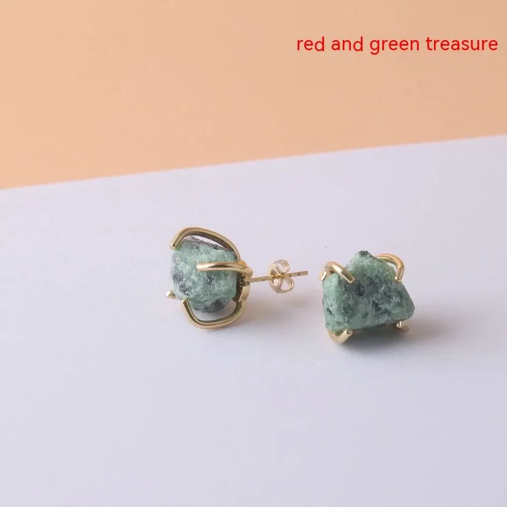 Gold-plated Four-claw Stone Rough Stone Stud Earrings For Women - CRYSTALOIL